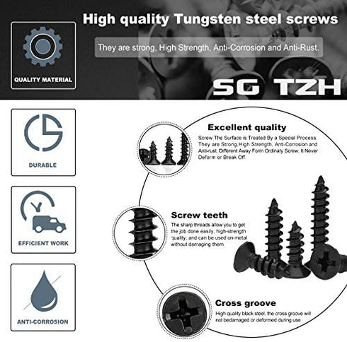 #8 x 3/4" Wood Screw 100PCS Black Phosphate Coated Stainless Flat Truss Head Fast Self Tapping Drywall Screws by SG TZH