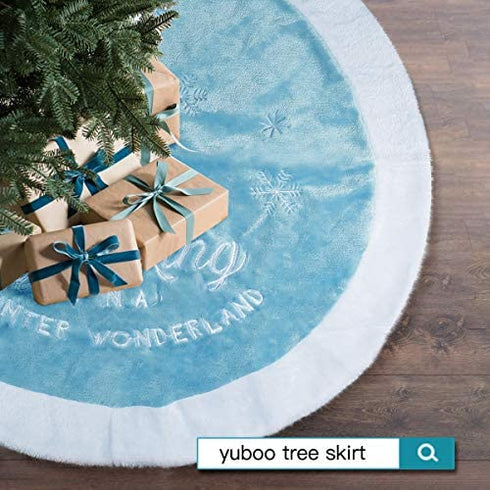 yuboo Light Blue Christmas Tree Skirt,36" Luxury Faux Fur with Snowflakes for Blue Christmas Ornaments Winter Wonderland Decorations