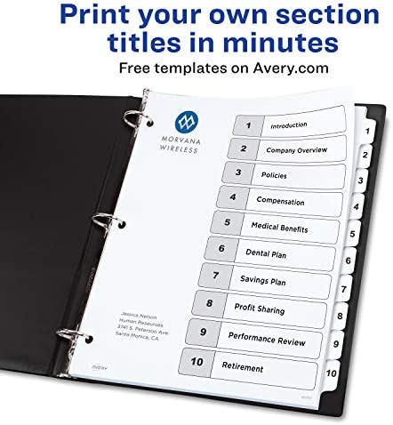 Avery 10-Tab Dividers for 3-ring Binders, Customizable Table of Contents, Classic White Tabs, 1 Set (11077)