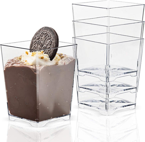 Tosnail 60 Pack 3.7 Ounce Clear Plastic Square Dessert Cups with 60 Plastic Tasting Spoons for Party, Weddings