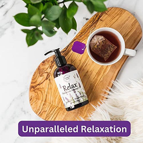 Relax Therapeutic Body Massage Oil - with Best Essential Oils for Sore Muscles & Stiffness – Lavender, Peppermint & Marjoram - All Natural - with Sweet Almond, Grapeseed & Jojoba Oil 8oz