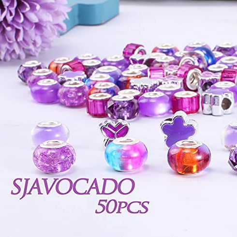 sjavocado 50pcs Assorted European Large Hole Beads ,Resin Glass Imitation Metal Spacer Charms Bead for DIY Crafts Bracelets Necklaces Jewelry Making (Purple)