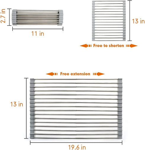 ZUKUBAMA Roll up Dish Drying Rack, Adjustable Sink Drying Rack with SUS304 Stainless Steel Multifunctional Large Cups Drain Rack Portable Drying Rack for Cups Fruits Vegetables (19.6" x 13") Gray