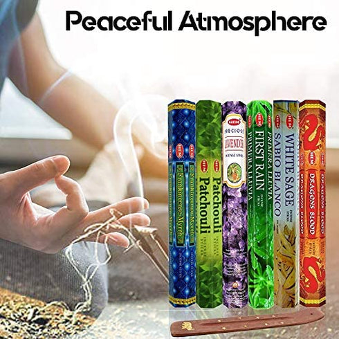 Six Most Popular Hem Incense Scents of All Time, 120 Sticks Total, with Free Burner - 20 Sticks Each of Dragon's Blood, Frankincense & Myrrh, Patchouli, Precious Lavender, First Rain, and White Sage