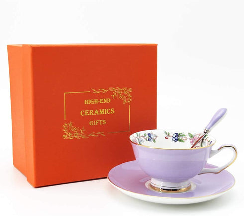 3 Piece Bone China Cup and Saucer Set with Spoon Vintage Porcelain Coffee Cup Set, Floral Tea Cup Set with Gold Trim and Gift Box, 7.1oz.
