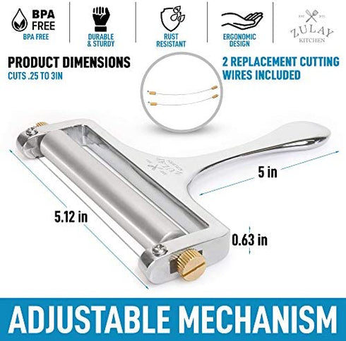 Zulay Cheese Slicer With Adjustable Thickness - Wire Cheese Slicer For Mozzarella Cheese, Cheddar Cheese, Gouda Cheese - Cheese Slicers For Block Cheese Heavy Duty With 2 Extra Wires (Silver)