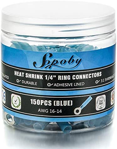 150PCS Heat Shrink Ring Connectors 1/4" Blue 16-14 AWG - Sopoby Electrical Crimp Ring Connectors - Heat Shrink Wire Connector Kit - Automotive, Marine, Audio, Industrial