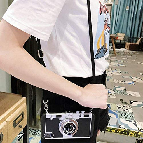 Awsaccy Emily in Paris Phone Case iPhone XR Camera Case Vintage Cover Cute 3D Cool Unique Camera Design Case PC Silicone Cover with Removable Neck Strap Lanyard for Girls Women Black