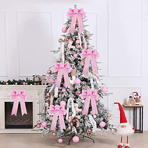 Beurio Pink Glitter Christmas Ribbon Bows Gifts Wreaths Wedding Party Decorations Hanging Ornaments, 6 pcs