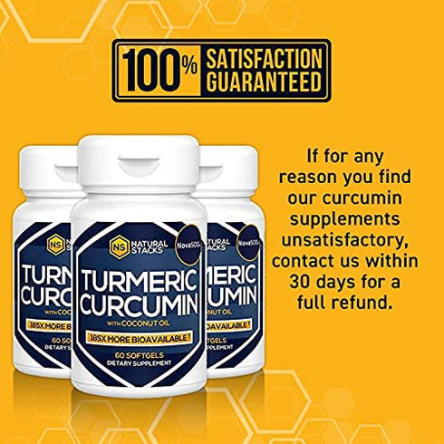 NATURAL STACKS Turmeric Curcumin 60 ct. - 185x More Bioavailable Liquid Soft Gel - Supports Healthy Joints, Brain Function and Inflammation Response - 100mg Organic Coconut Oil for Rapid Absorption