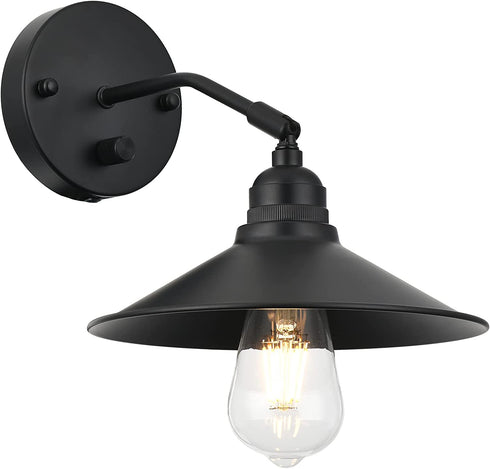 Terleenart Industrial Farmhouse Metal Wall Sconce with on/Off Switch, Matt Black Funnel Shade Focused Wall Light Fixture for Kitchen Sink Hallway Bedroom Bookcase Shelves
