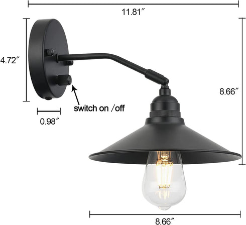 Terleenart Industrial Farmhouse Metal Wall Sconce with on/Off Switch, Matt Black Funnel Shade Focused Wall Light Fixture for Kitchen Sink Hallway Bedroom Bookcase Shelves