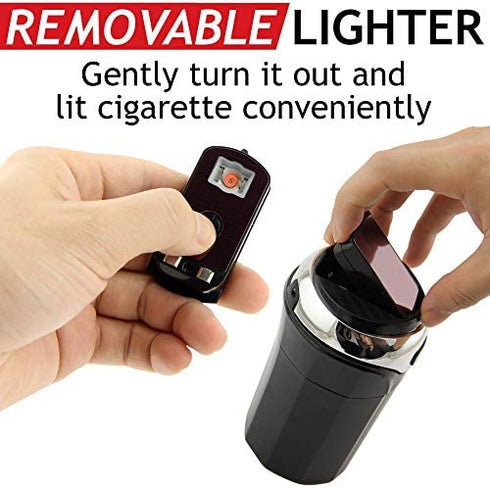 TAKAVU Car Ashtray (1-Pack), Easy Clean Up Detachable Stainless Car Ashtray with Lid Blue Led Light and Removable Lighter for Most Car Cup Holder (Silver)