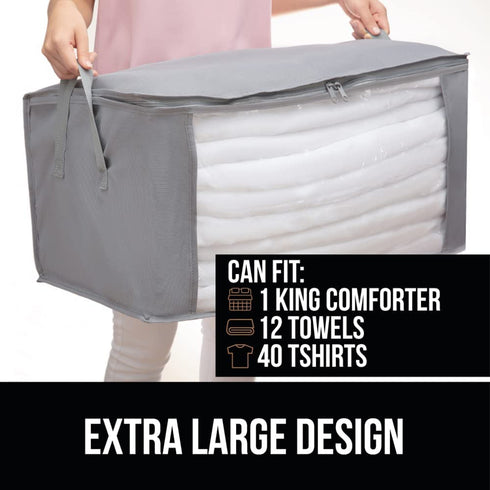 Gorilla Grip Large Capacity 3 Pack Clothes Storage Bag Organizer, 90L, Reinforced Handles, Thick Fabric for Blankets, Bedding, Clothing, Foldable Zipper Container Bags, Clear Window Closet Totes, Gray