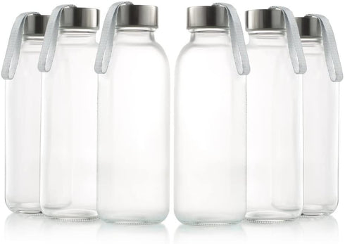glass bottles 6 Pack 16oz - glass drinking bottles for Beverage and Juice - water bottle glass with stainless Steel Caps with Carrying Loop - Leak-Proof Lid