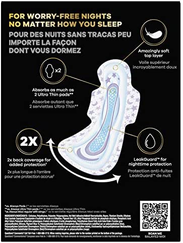 Always ZZZ Overnight Pads for Women Size 6 Unscented with Wings, Always' Widest Coverage for Worry-Free Nights, 10 Count