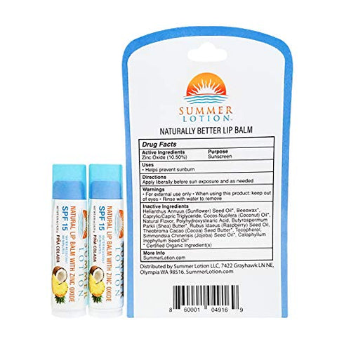 Natural Lip Balm with Zinc Oxide Sunblock by Summer Lotion, SPF 15 Lip Sunscreen 2-Pack, Water Resistant Chapstick, SPF Lip Protection for Everyone, (Pina Colada)