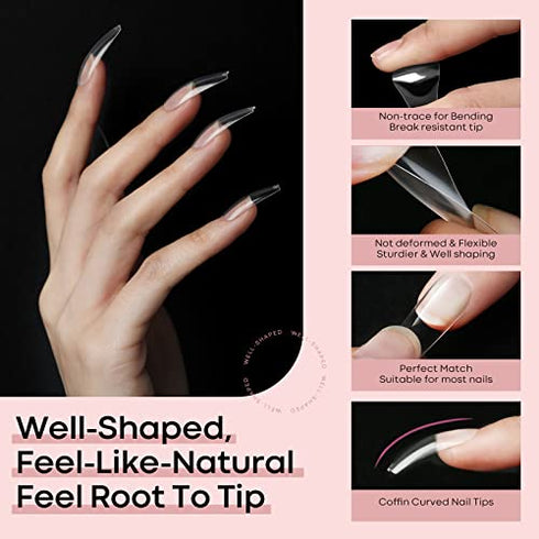 Modelones 600pcs Coffin Nails Fake Nail Tips Clear Full Cover Acrylic False Nails Extension Professional Manicure Tool for Nail Salons and DIY Nail Art 10 Sizes