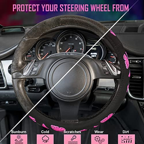 Car Pass Hot Pink Butterfly Universal Steering Wheel Cover, Fit for Suvs,Trucks,Sedans,Cars for Cute Women Girly (Hot Pink)