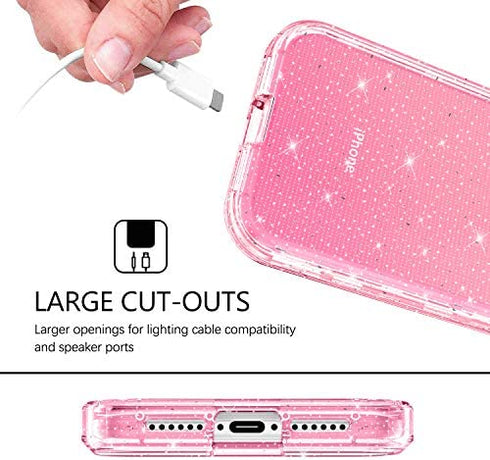GUAGUA iPhone XR Case, Pink Glitter Bling Crystal Clear Shiny Cover for Girls Women Three Layer Hybrid Hard PC Soft TPU Bumper Shockproof Protective Phone Case for iPhone XR 6.1-inch 2018 Pink