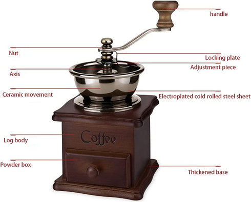 A + kitchen Wooden Manual Coffee Grinder Vintage Style Hand Coffee Mill Burr Coffee Grinder with Ceramic Hand Crank+Wooden Manual Coffee Grinder Cleaning Brush, Brown, 20 x 9.5 x 16.5 cm (A3329)