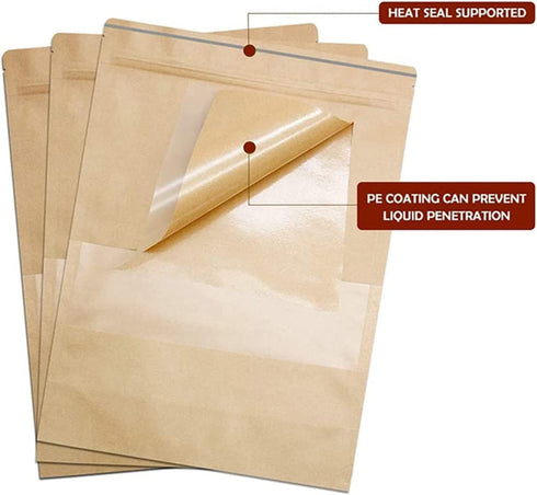 100 Pcs Kraft Stand Up Pouch with Window 6.3 x 8.6 in Brown Zip Lock Stand Up Bags, Reusable, Heat-Sealable for Home or Business
