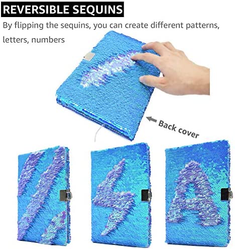 VIPbuy Magic Reversible Sequin Notebook Diary Lined Travel Journal with Lock and Key for Kids Girls, Size A5 (8.5” x 5.5”), 78 Sheets, Panda (Blue to Purple)