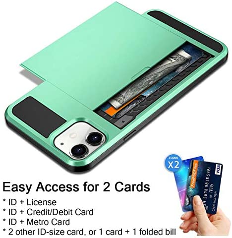 Vofolen Case for iPhone 11 Case Wallet Credit Card Holder ID Slot Sliding Door Hidden Pocket Anti-Scratch Dual Layer Hybrid Bumper Armor Protective Hard Shell Back Cover for iPhone 11 6.1 Mint Green