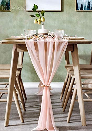 BOXAN Gorgeous Blush Peach Sheer Table Runner 30x120 Inch for Light Peach Romantic Wedding Decor, Bridal & Baby Shower, Birthday Party, Boho Christmas Party Table Decoration