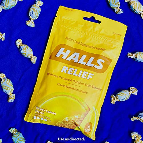 HALLS Relief Honey Lemon Flavor Cough Drops, 1 Bag (30 Total Drops)