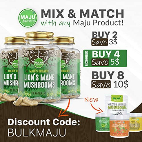 MAJU Organic Lions Mane Mushroom Capsules 90ct, Fruiting Bodies Steam Extract, Organic Mushrooms w/ Black Pepper Extract, Hericium Erinaceus