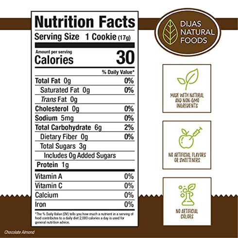 DIJAS Natural Foods, Crunchy Fat Free Biscotti Cookie, All Natural Preservative Free Ingredients, Delicious Low Calorie Snack (5 Ounces, Chocolate Almond)