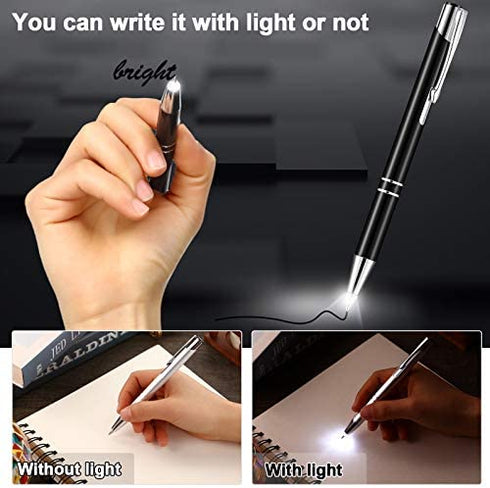 4 Pieces Lighted Tip Pen Metal Ballpoint Pen with Light LED Lighted Pen Black Ink Writing Pen with 8 Pieces Pen Refills for Writing in the Dark