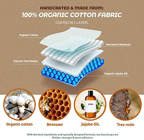Reusable Food Wraps w/Beeswax Assorted 9 Packs - Eco-Friendly Reusable Wraps, Biodegradable, Zero Waste, Organic, Sustainable, Plastic-Free Food Storage, 5S, 3M, 1L w/ Abstract Curves Pattern