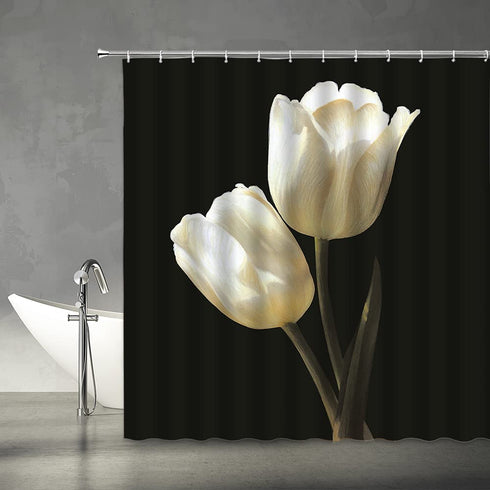 Black and White Flower Shower Curtain Tulip Elegant Floral Romantic Woman Modern Unique Simple Black Background Fashion Fabric Bathroom Decor Set with Hooks(70" WX70 H)