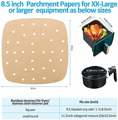 Air Fryer Parchment Paper Liners: 200PCS 8.5 inch Air Fryer disposable paper liner - Square Perforated parchment paper for Air Fryer, Premium Bamboo Steamer Liner for Air Fryers Baking Cooking Oven