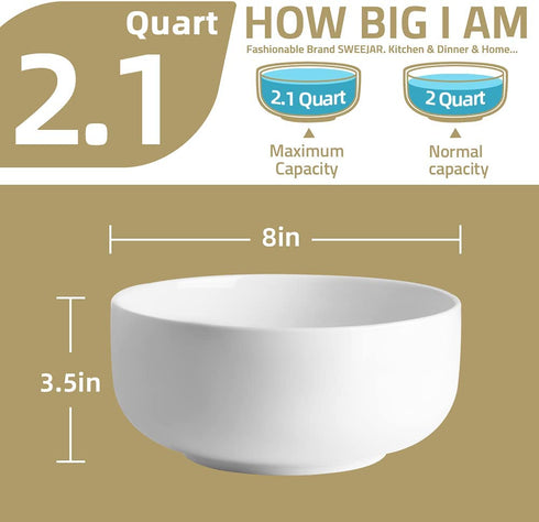 SWEEJAR Large Salad Serving Bowl, 8" Ceramic Bowls for Taco salad, Pasta, Pho, Soup, 2 Quart Mixing Bowl for Family Dinner, Daily Use, Set of Two (White)