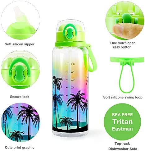 Cute Water Bottle with Straw for Women Teen Girls, BPA FREE Tritan & Leak Proof One Click Open Flip Top & Easy Clean & Soft Carry Loop, 30oz / 900ml (Coconut Tree)