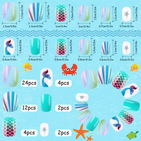 48Pcs Press on Nails for Kids Full Cover Short Fake Stick on Nails for Girls False Nails Lovely Children Gift Nail Art Decoration (Blue Ocean)