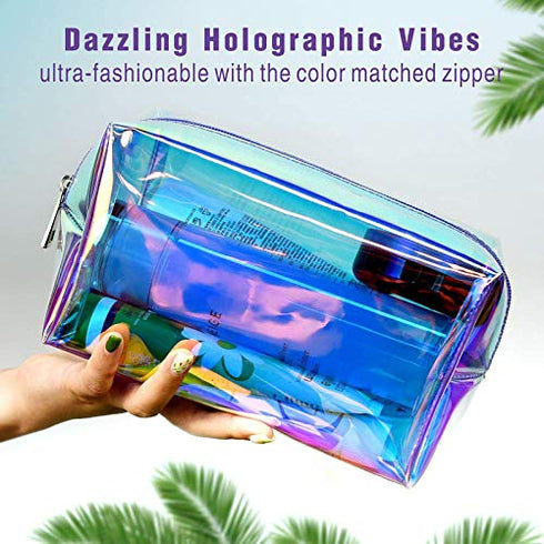 F-color Holographic Makeup Bag - Clear Makeup Bag for Women - Travel Clear Cosmetic Bag - Waterproof Large Clear Makeup Pouch with Zipper , Purple