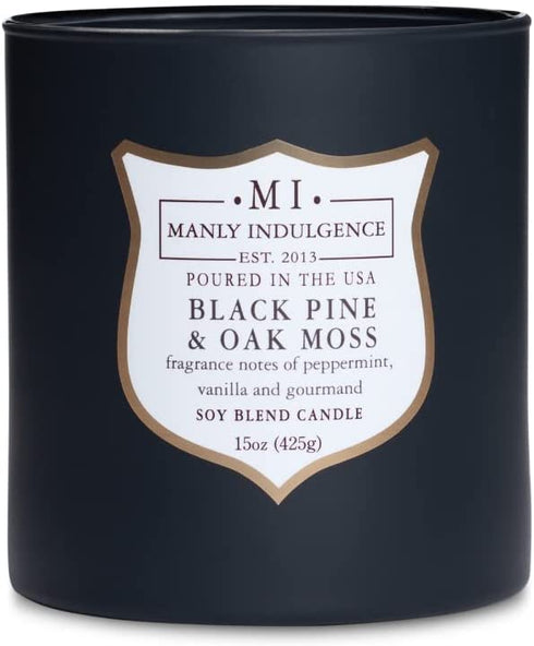 Manly Indulgence Black Pine & Oak Moss Scented Jar Candle, Signature Collection, Soy Wax Blend, Wooden Wick, 15oz, Gray