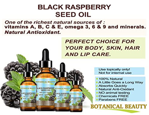 BLACK RASPBERRY SEED OIL. 100% Pure / Natural / Undiluted / Virgin / Unrefined / Cold Pressed Carrier oil. 0.5 Fl.oz.- 15 ml. For Skin, Hair, Lip and Nail Care. "One of the highest antioxidants, rich in vitamin A and E, Omega 3, 6 and 9 Essential Fatty Ac