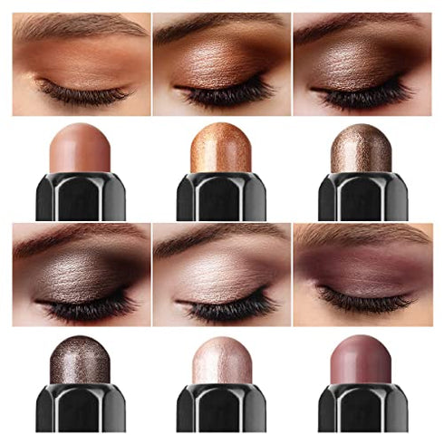 LUXAZA 6 PCS Brown Neutral Metallic Eyeshadow Stick Set, Champagne Cream Eye Shadow Pencil Crayon Brightener Highlighter Makeup Stick Kit, Hypoallergenic Waterproof Shimmer Eyeliner Make Up