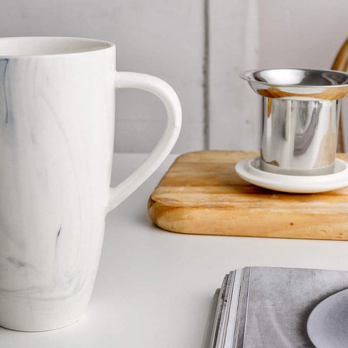 KOOV Porcelain Tea Cup with Infuser Basket and Lid, Teaware with Filter, 18 OZ (marble white)