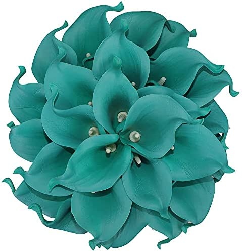 Mini 15" Artificial Calla Lily 10 Stem Bridal Bouquets Artificial Latex Real Touch Flowers for Home Party Decor (Teal Blue)