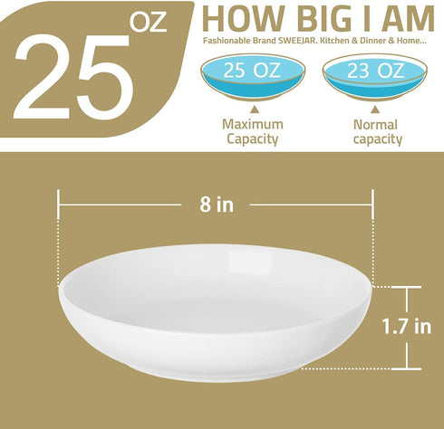 SWEEJAR Pasta Bowls, Ceramic Dinner Plates, 25oz Salad Serving Bowls for Soup, Dessert, Pizza, Fruit, Steak, Microwave Dishwasher Safe, Set of 4 ?White?