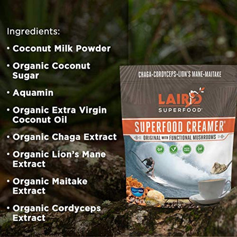 Laird Superfood Non-Dairy Original Superfood Coconut Powder Coffee Creamer with Functional Mushrooms, Maitake, Reishi, Non-GMO, Vegan, 8 oz. Bag, Pack of 1
