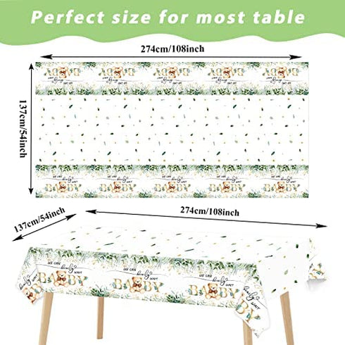 Bear Baby Shower Tablecloth Plastic Teddy Bear Table Cover We Can Bearly Wait Baby Party Decorations Greenery Leaves Table Cover for Baby Shower Kids Birthday Party Supplies, 54 x 108 Inch (1 Pack)