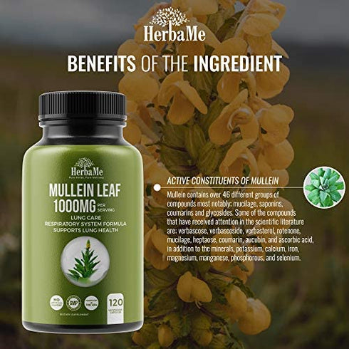 HerbaMe Mullein Leaf 1000mg, 120 Capsules, Detox Lung Cleanse, Supports Respiratory Function Health and Mucous Membranes, Lung Care, Natural Ear and Sleep Aid, Mucus Relief Herbal Supplement
