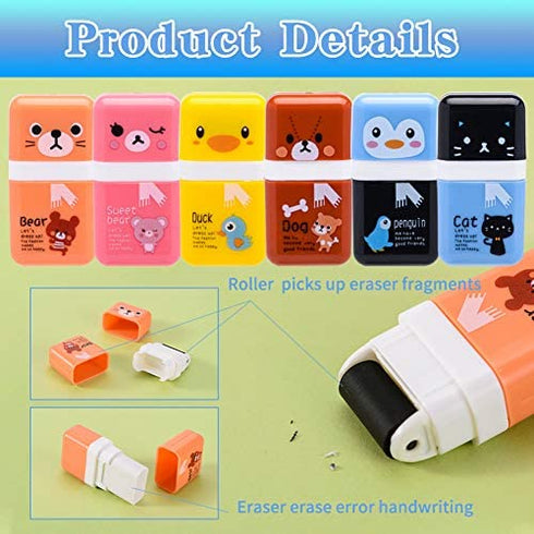 Sooez 12 Pack Pencil Erasers, Cute Erases Pencil Eraser with Clean up Roller Pencil Eraser Shaving Roller Case Erasers for Party Favors Gift Supplies